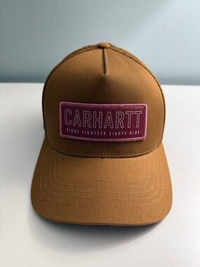 Carhartt Tan Trucker Cap with Pink Logo Patch